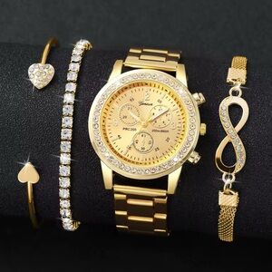 Gold Women's Watch and Bracelet Set